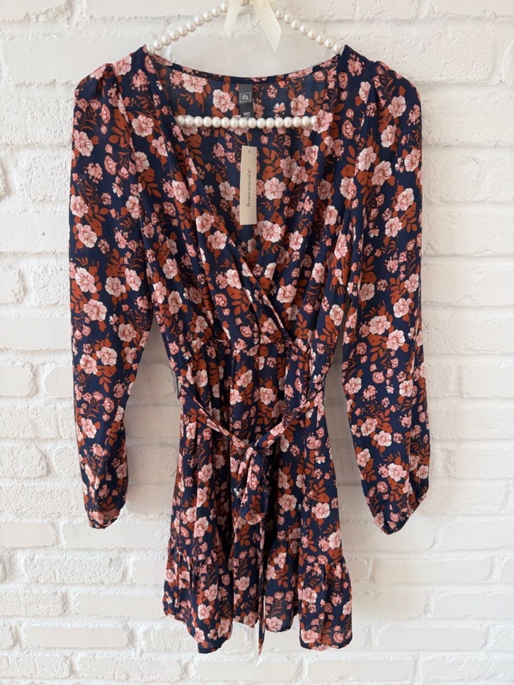 Floral Wrap Long-Sleeve Mini Dress - Navy and Blush